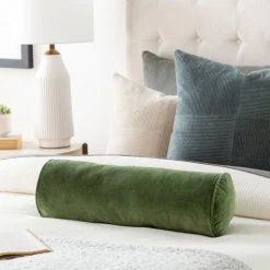Surya Cotton Velvet Bolster Pillow In Green All Pillows