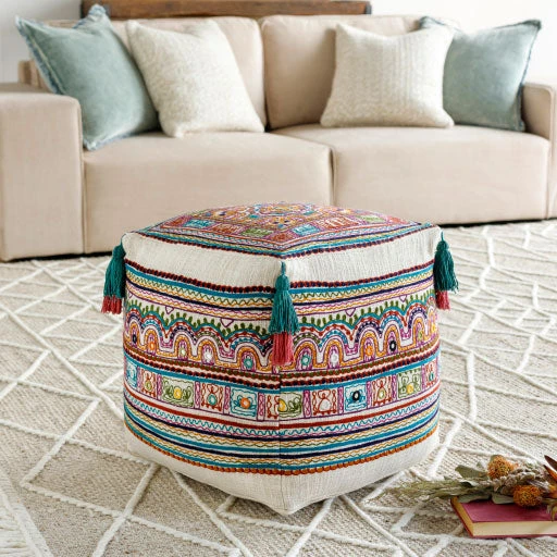 Surya All Stools, Poufs + Side Tables Colorful Embroidered Tassel Pouf 3 Surya All Stools, Poufs + Side Tables Colorful Embroidered Tassel Pouf